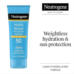 Neutrogena Hydro Boost Water Gel Sunscreen SPF 50, Oil‑Free Hydrating & Water‑Resistant Face & Body Sunscreen Lotion, Non‑Greasy, Broad Spectrum, Lightweight Moisturizer, 3 fl oz, Pack of 3
